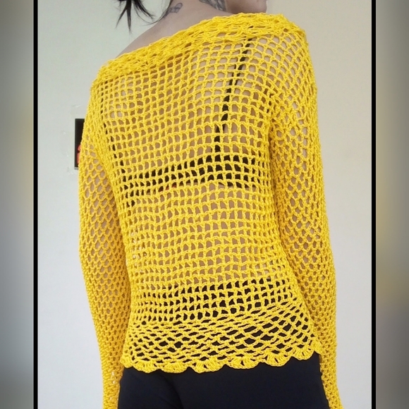 Vintage Yellow Crochet Long Sleeve Shirt Boho Festival Small - Picture 2 of 2